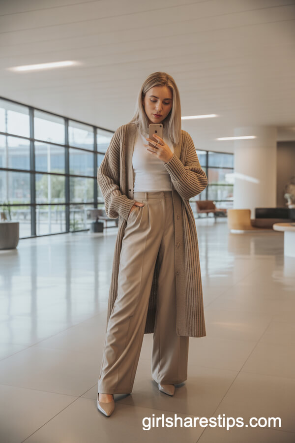 Chunky Cardigan with Wide-Leg Trousers and Flats