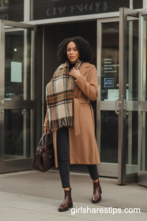 Belted Camel Coat with Plaid Scarf and Chelsea Boots