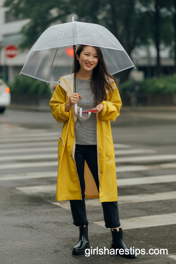 Yellow Raincoat with Striped Shirt and Chelsea Boots
