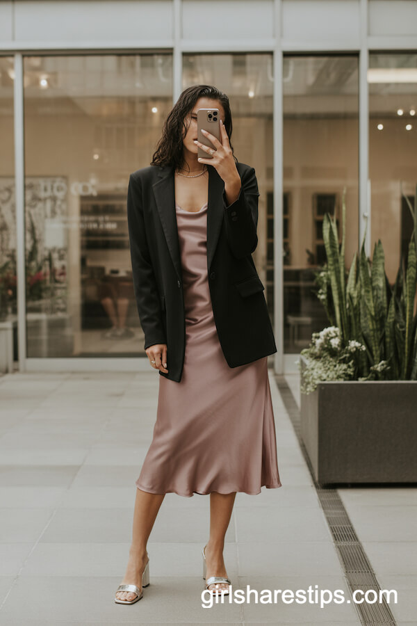 Fitted Blazer with Satin Slip Dress and Block Heels