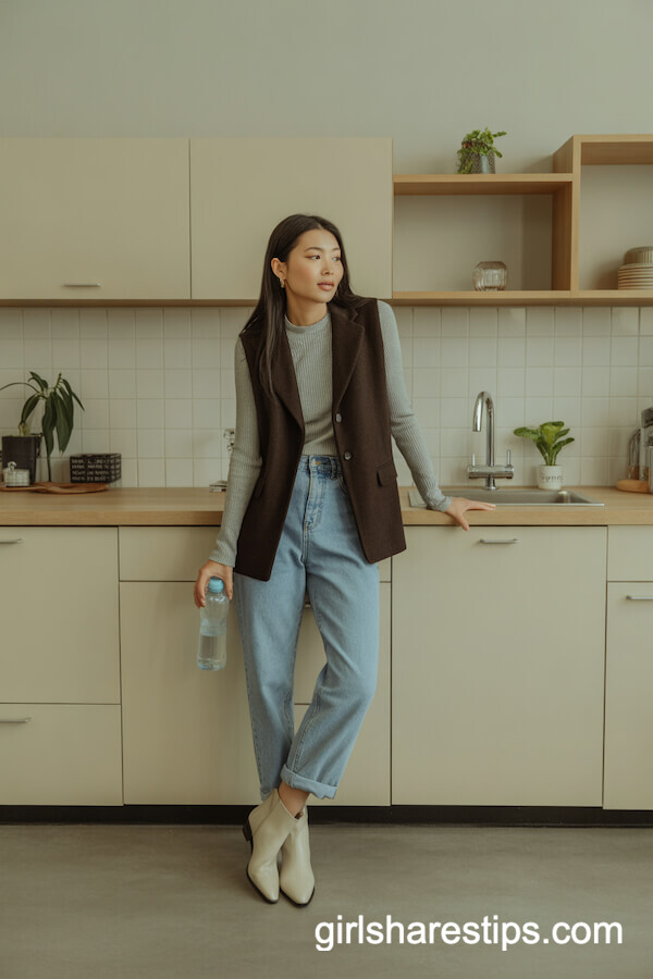 Wool Vest Over Sweater with Mom Jeans