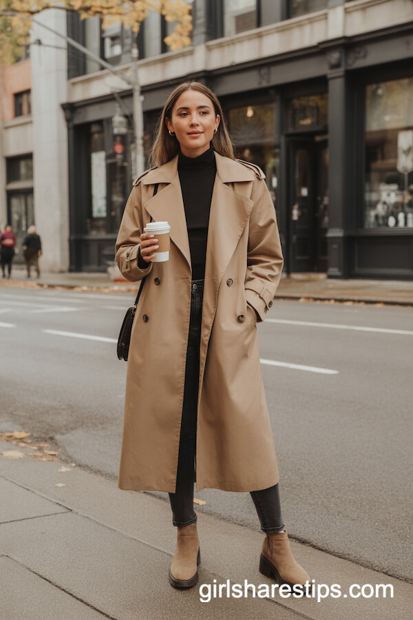 Beige Trench Coat with Slim Jeans and Ankle Boots