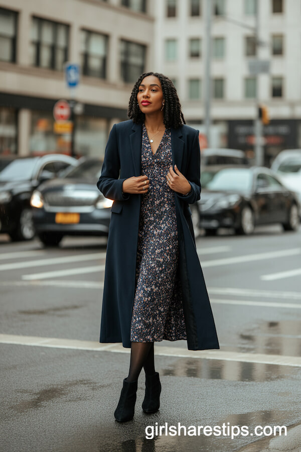 Long Navy Coat Over Floral Midi Dress and Booties
