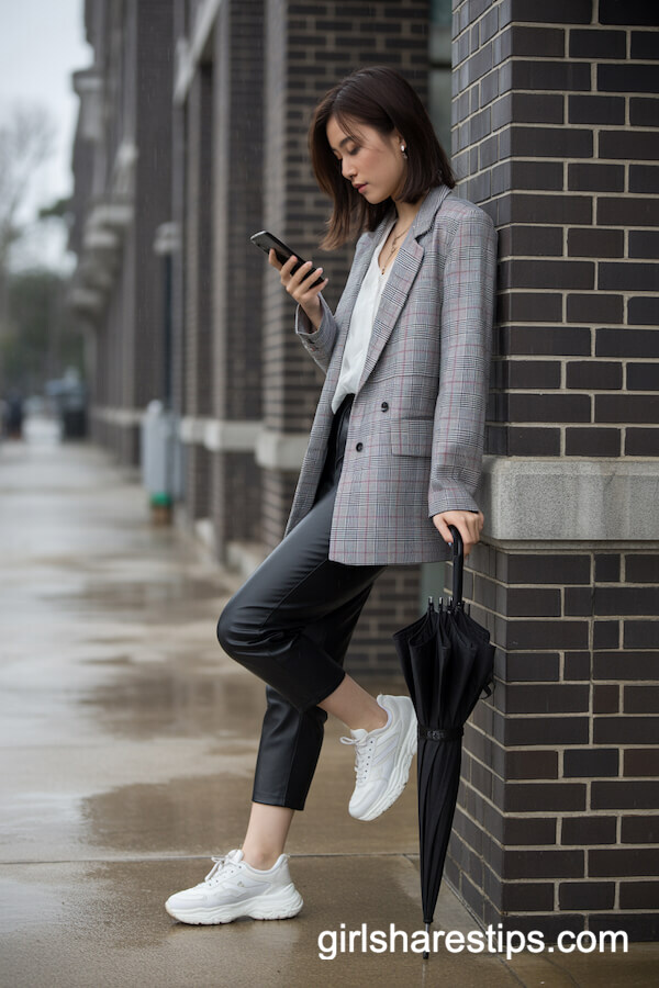Gray Plaid Blazer with Cropped Pants and Sneakers