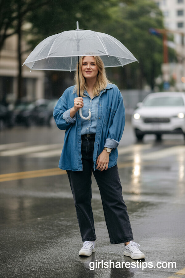 Denim Jacket with Chambray Shirt and White Sneakers