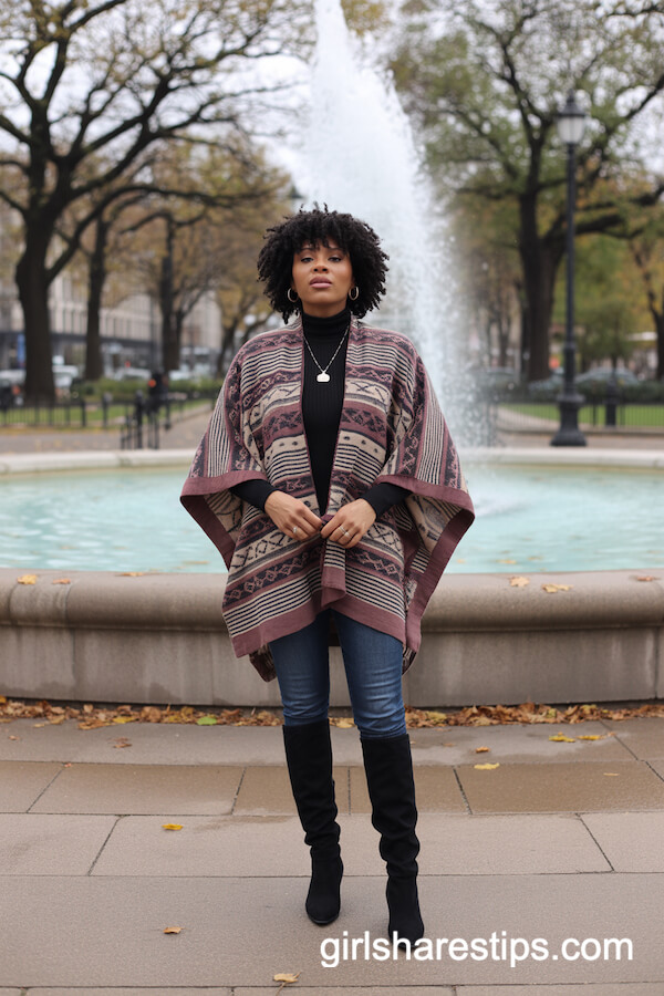 Patterned Poncho with Turtleneck and Suede Boots