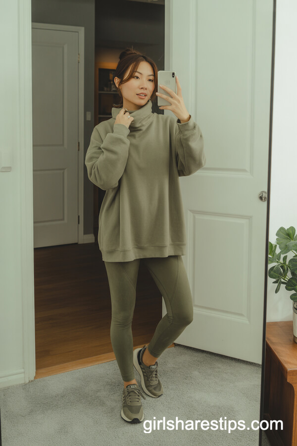 Funnel-Neck Sweatshirt with Faux Suede Leggings