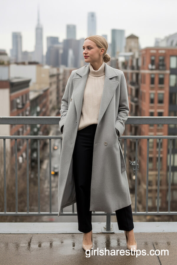Light Gray Wrap Coat with Suit Pants and Pumps