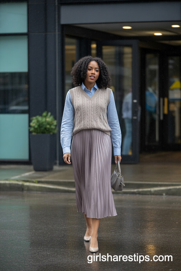 Sweater Vest Over Shirt with Pleated Midi Skirt