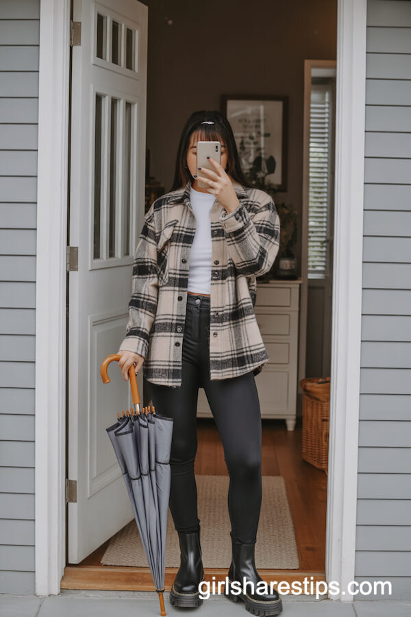 Plaid Shacket with Tee and Chunky Boots