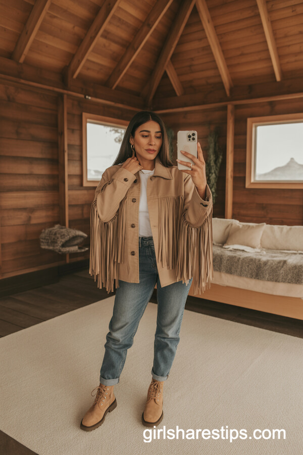 Beige Fringe Jacket & Classic Jeans