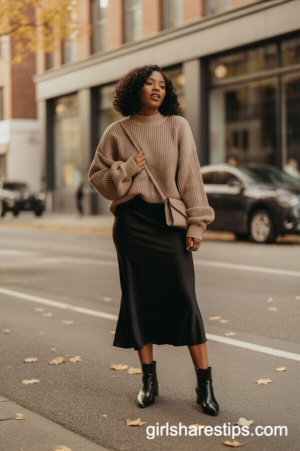 Black Satin Skirt with Beige Chunky Sweater