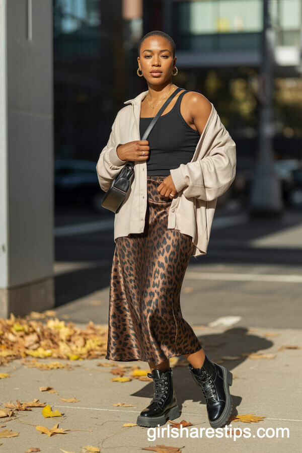 Leopard Print Satin Skirt with Cream Cardigan and Combat Boots