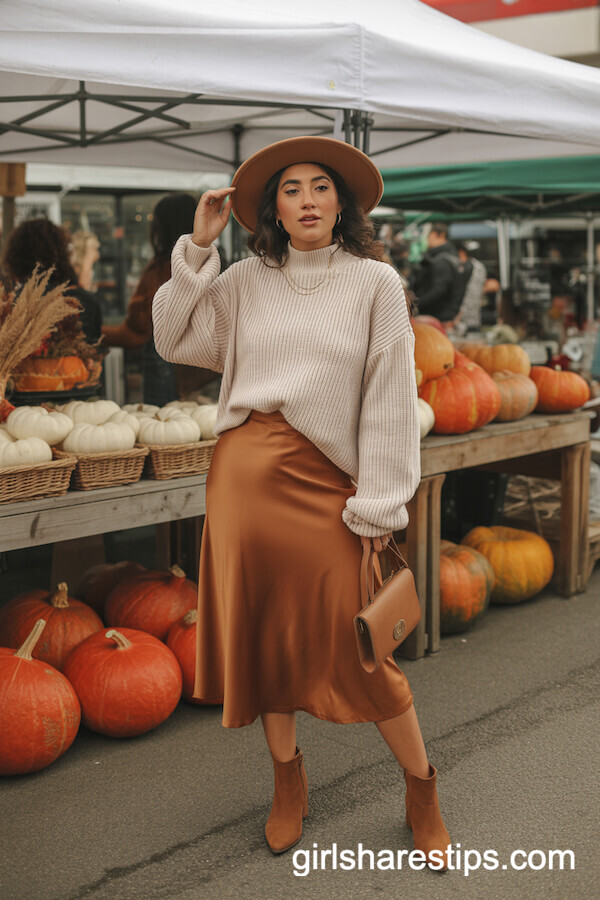 Burnt Orange Satin Skirt with Chunky Cream Sweater