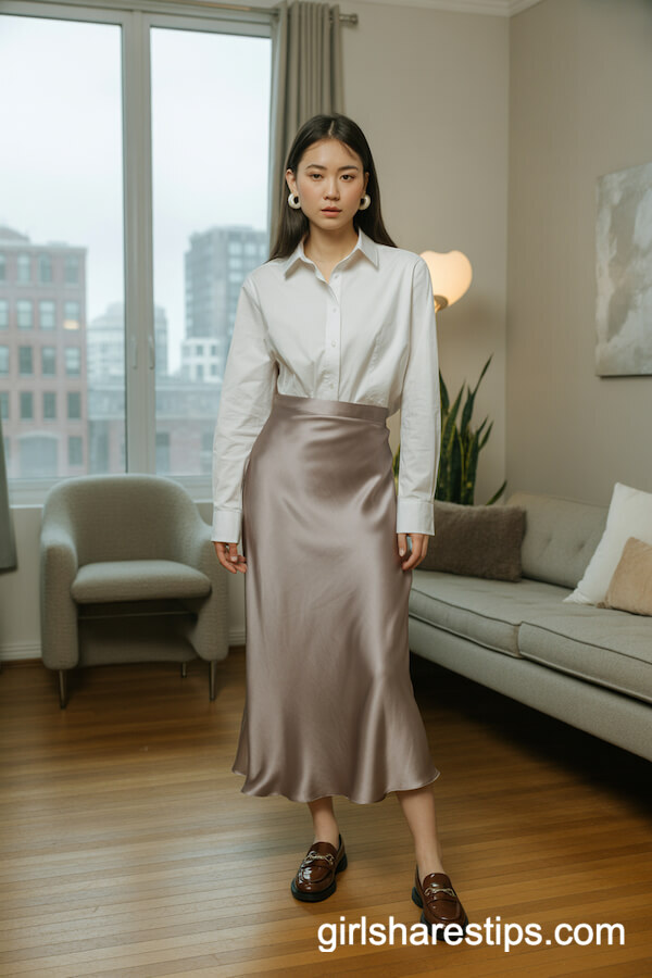 Grey Satin Skirt with White Button-Down and Loafers