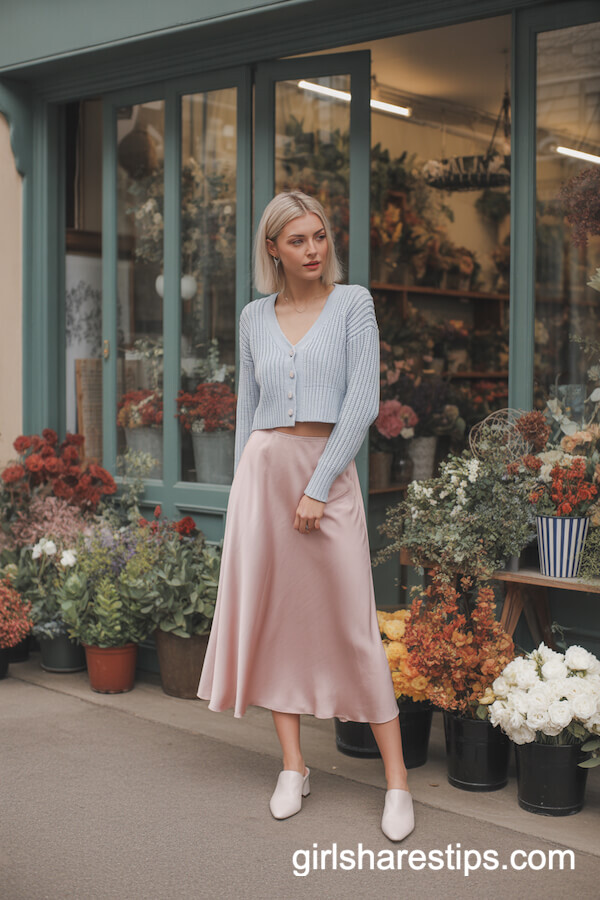 Pastel Pink Satin Skirt with Pale Blue Cardigan
