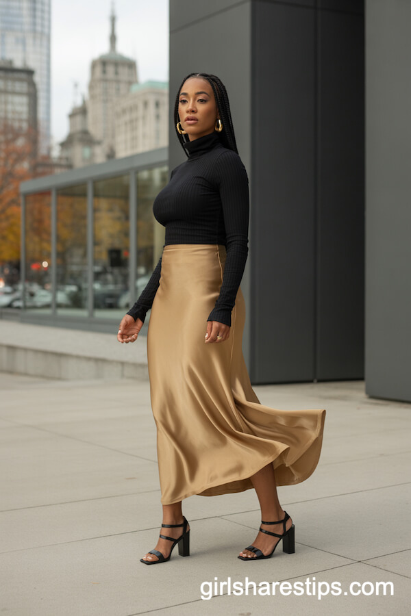 Golden Satin Skirt with Black Turtleneck and Block Heels