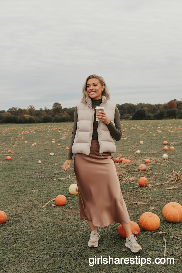 Bronze Satin Skirt with Beige Puffer Vest and Sneakers