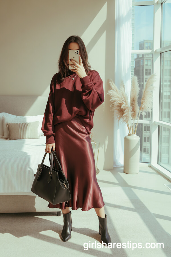 Burgundy Satin Skirt with Matching Loose Sweater