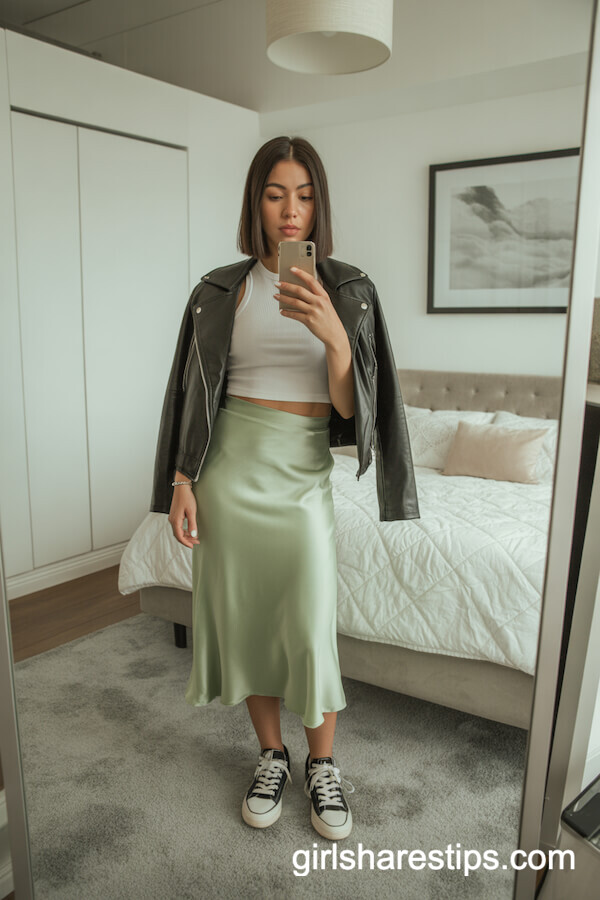 Sage Green Satin Skirt with White Crop Top and Moto Jacket