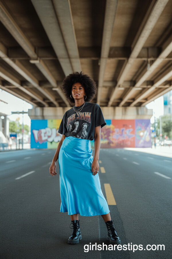 Bright Blue Satin Skirt with Vintage Band Tee and Combat Boots