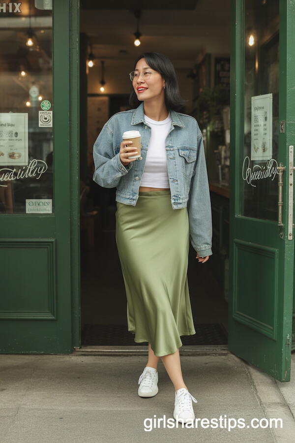 Olive Satin Skirt with White Tee and Denim Jacket