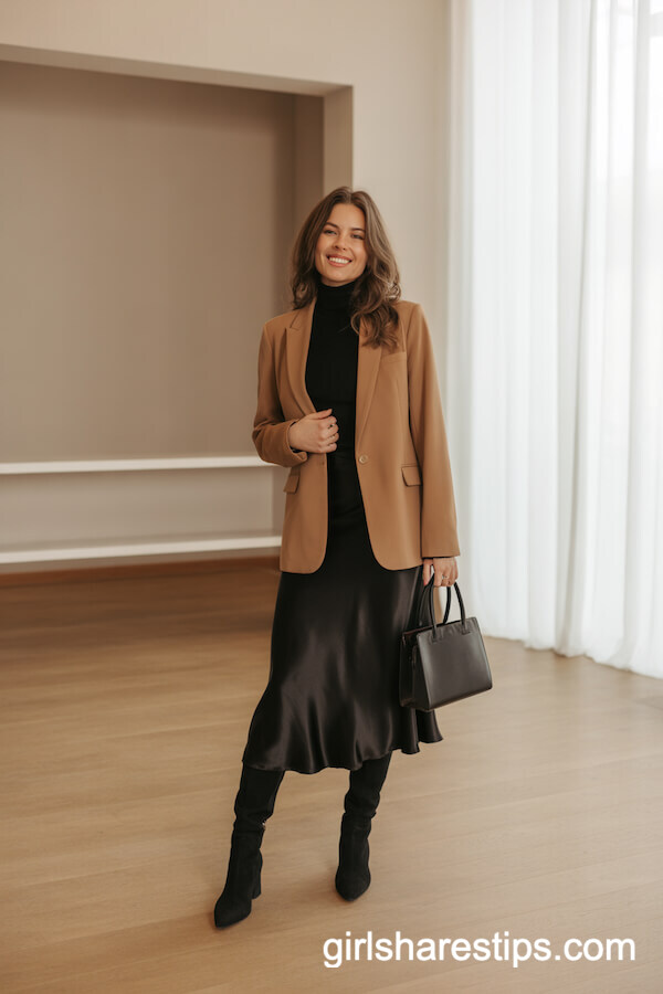Black Satin Skirt with Camel Blazer and Suede Boots