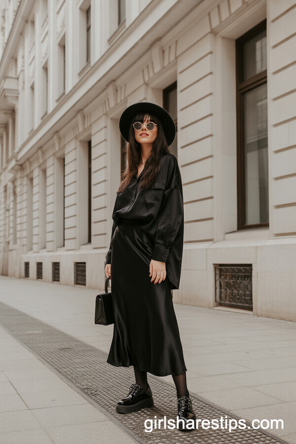 All-Black Satin Skirt with Oversized Top and Platform Shoes