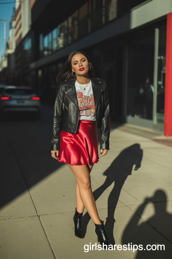 Red Satin Skirt with Graphic Tee and Leather Jacket