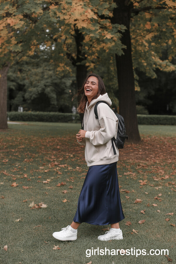 Navy Satin Skirt with Cream Hoodie and Sneakers