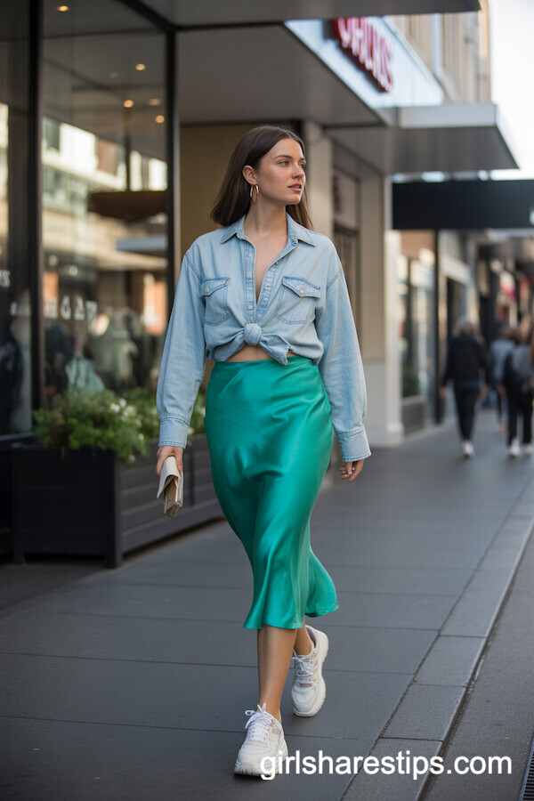 Teal Satin Skirt with Denim Button-Up and Chunky Sneakers