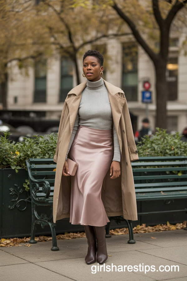 Blush Satin Skirt with Grey Turtleneck and Trench