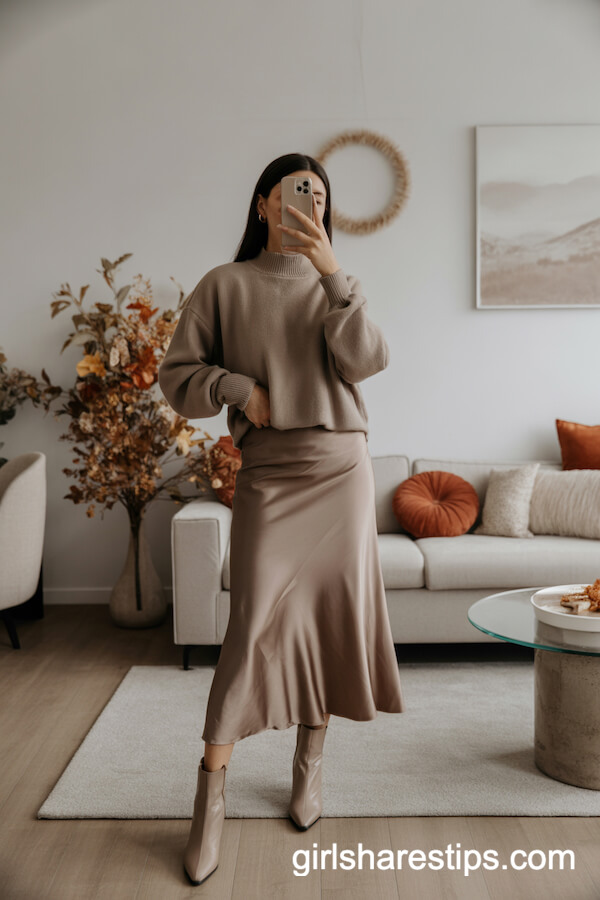 Taupe Satin Skirt and Sweater Set with Ankle Boots