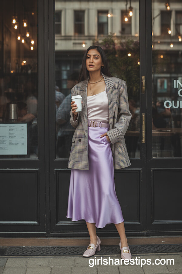 Lilac Satin Skirt with White Camisole and Plaid Blazer