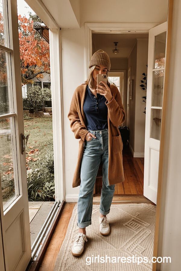 Navy Henley and Camel Cardigan Layers
