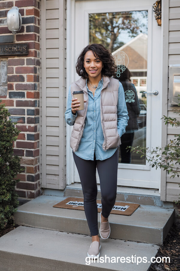 Leggings with Chambray Shirt and Puffer