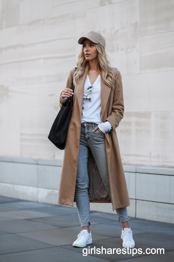 Camel Coat over Tee and Skinny Jeans