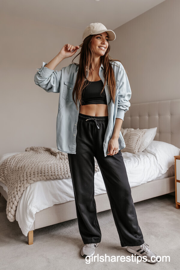 Denim Shirt with Wide-Leg Lounge Pants