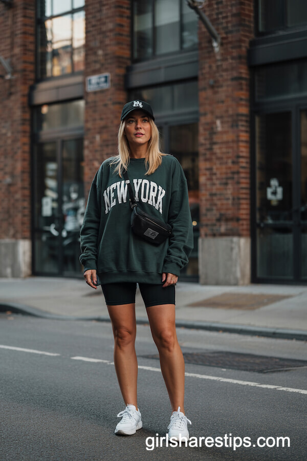 Green Sweatshirt and Biker Shorts Look