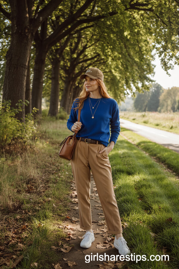 Blue Sweater with Camel Trousers