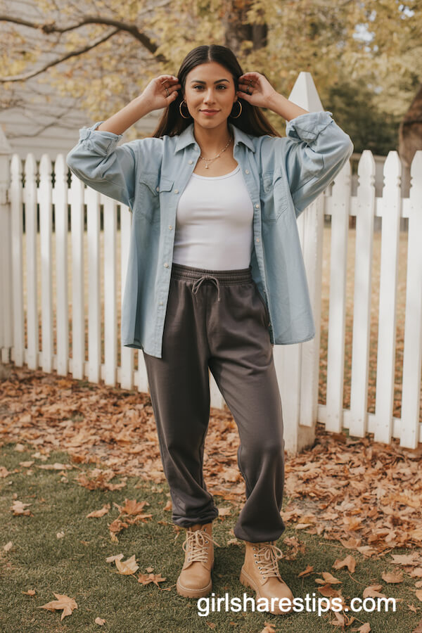 Dark Gray Sweatpants with Denim Button-Down