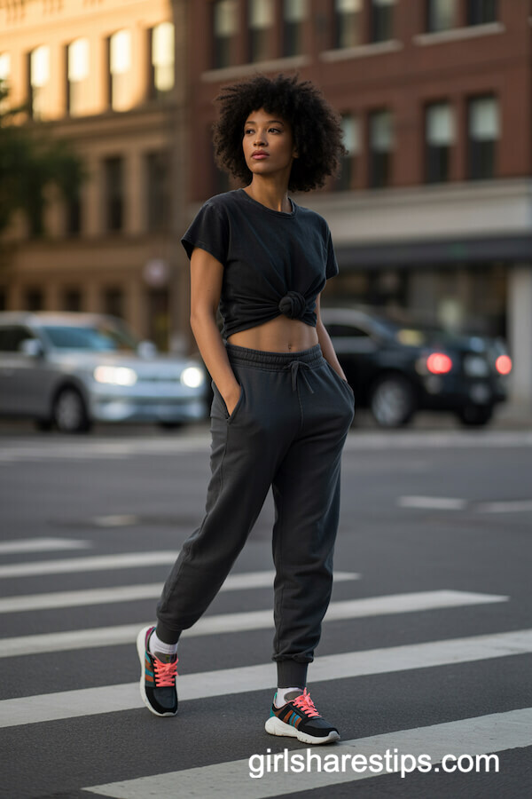 Charcoal Joggers with Colorful Sneakers