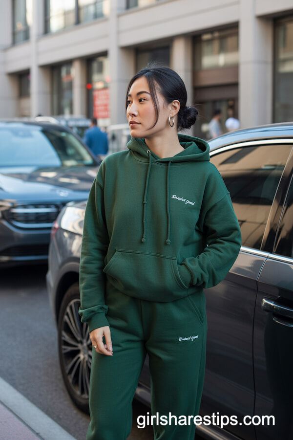 Dark Green Sweatsuit with Low Bun