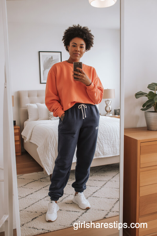 Navy Sweatpants and Orange Crewneck