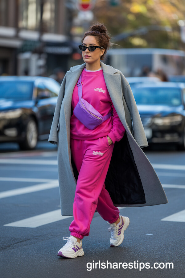 Hot Pink Sweatsuit with Wool Coat