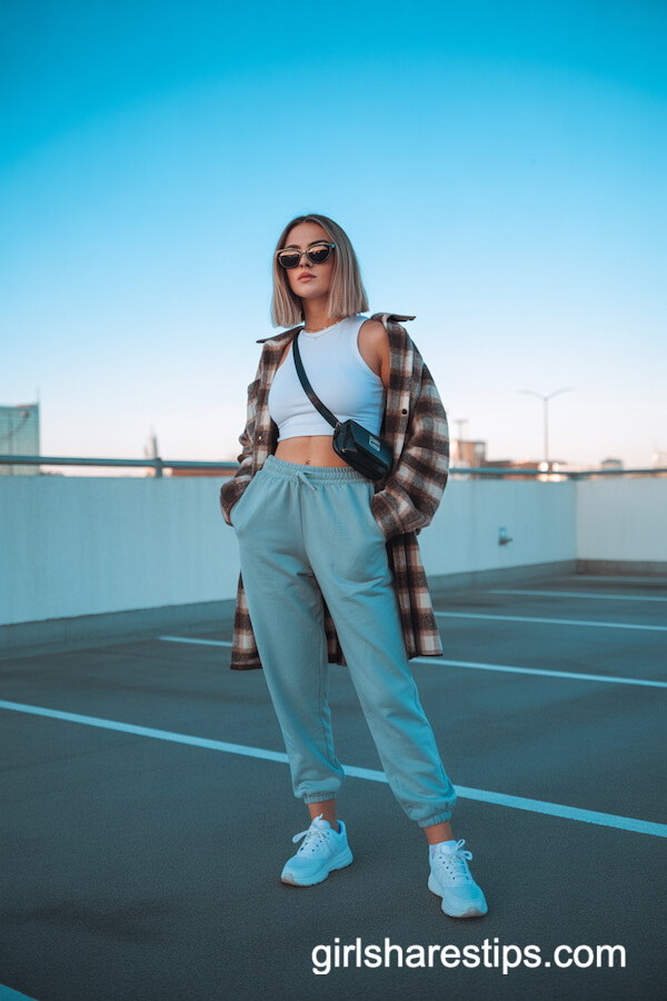 Pale Blue Joggers and Plaid Flannel