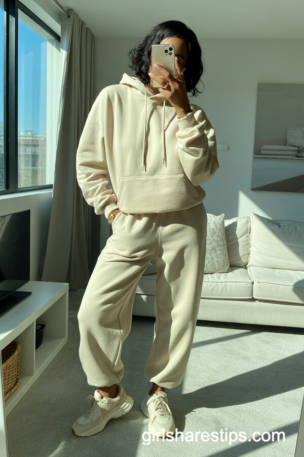 Cream Sweatsuit with Chunky Sneakers
