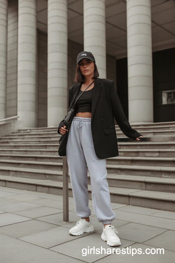 Light Gray Sweatpants with Oversized Blazer