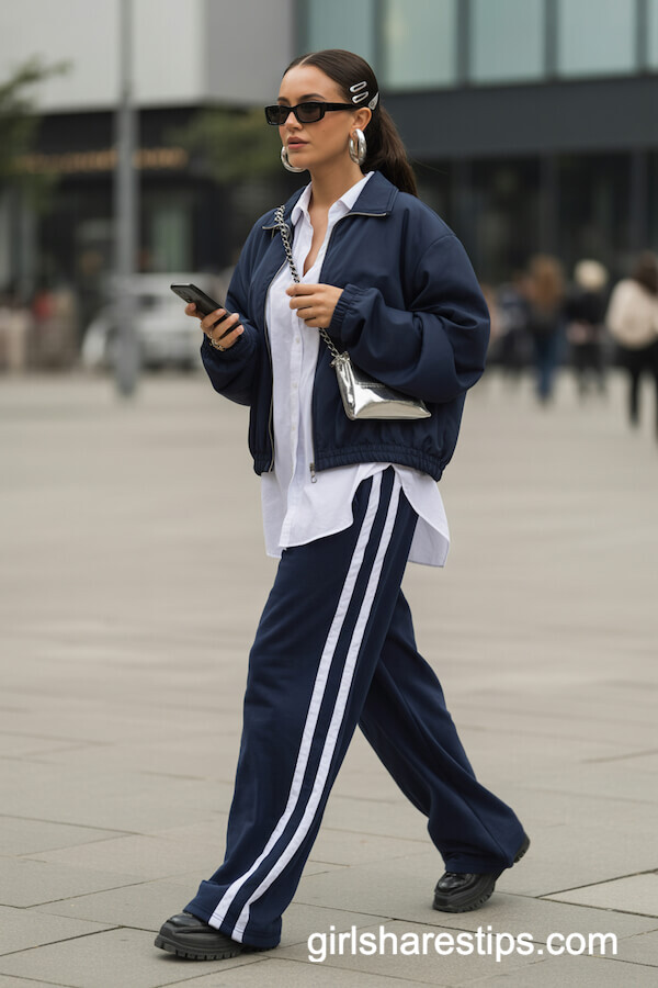 Navy Sweatpants with White Button-Up