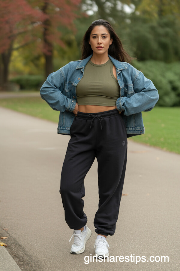 Black High-Waisted Sweatpants and Denim Jacket